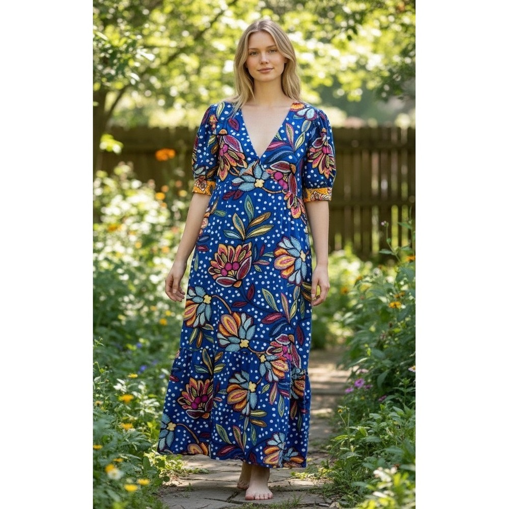 Tabitha Brown for Target Floral Polka Dot Cotton Maxi Dress Blue Sz 14 Casual
